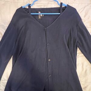 Navy Blue Button-Up Cardigan with V-Neck Spaghetti Strap Undershirt